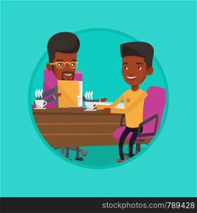 Businessmen talking on business meeting. Businessmen drinking coffee on business meeting. Two businessmen during business meeting. Vector flat design illustration in the circle isolated on background.. Two businessmen during business meeting.
