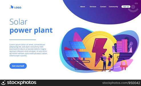 Businessmen use solar energy panels to produce electricity for the city. Solar energy, solar power plant, alternative source of electricity concept. Website vibrant violet landing web page template.. Solar energy concept landing page.