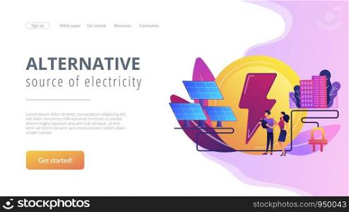 Businessmen use solar energy panels to produce electricity for the city. Solar energy, solar power plant, alternative source of electricity concept. Website vibrant violet landing web page template.. Solar energy concept landing page.