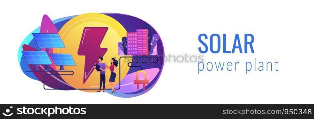 Businessmen use solar energy panels to produce electricity for the city. Solar energy, solar power plant, alternative source of electricity concept. Header or footer banner template with copy space.. Solar energy concept banner header.