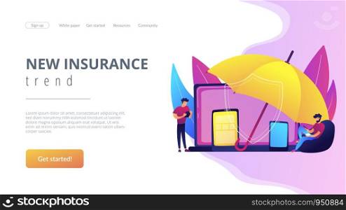 Businessmen using electronic equipment under umbrella protection. Electronic device insurance, phone insurance policy, new insurance trend concept. Website vibrant violet landing web page template.. Electronic device insurance concept landing page.