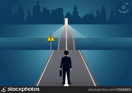 Businessmen walk go on the road there is a gap between the path withgo to the door. business concept of challenge problem solving. leadership. creative idea. vector illustration