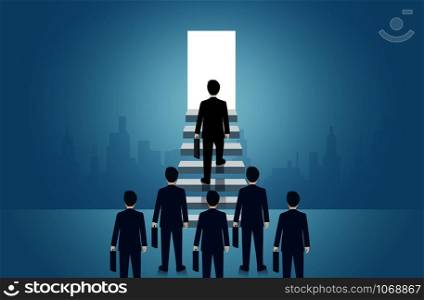 Businessmen walk up the stair to the door. step up the ladder to success goal in life and progress in the job. of the highest organization. business finance concept. icon. vector illustration