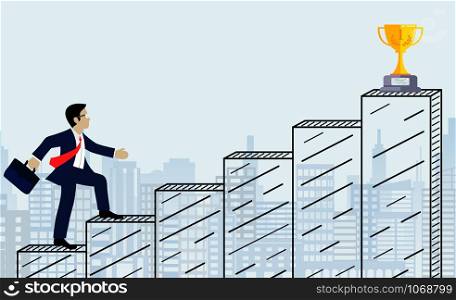Businessmen walk up the stairs to the goal. on city background. Step up the ladder to success, and progress in the job. Of the highest organization. Business Finance Concepts. Vector illustrations