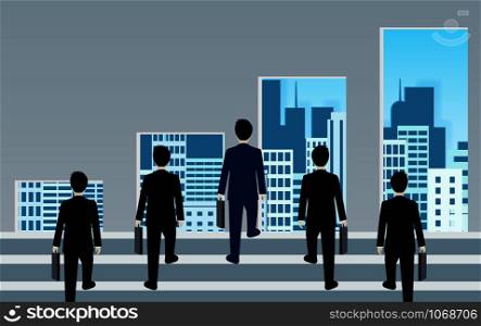 Businessmen walk up to the gap of bar graphs. go to The best choice success goal in life and progress. The back is the city. business finance concept. leadership. vector illustration