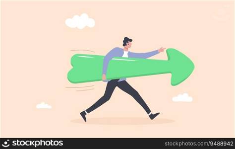 Businessmen with big arrow run. Move forward for success future. Arrow direction for life, business. Way to success. Determination or courage, career path.. Businessmen with big arrow run. Move forward for success future. Arrow direction for life, business. Way to success.