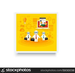 Businessmen with cases go on a meeting. Poster banner with business mans with cases go on a meeting. Laptop with site of pay per click concept. Business concept in flat design on white background.