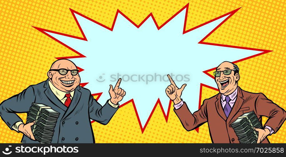 businessmen with cash, rich people. two men joyful. Pop art retro vector illustration kitsch vintage. businessmen with cash, rich people. two men joyful