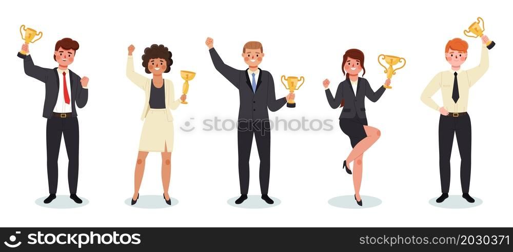 Businessmen with golden cups. Happy positive office employees holding gold rewards. Winners awarding. Successful project. Isolated people achieving goal and victory. Vector happy business leaders set. Businessmen with golden cups. Happy positive office employees holding gold rewards. Winners awarding. Successful project. People achieving goal and victory. Vector business leaders set