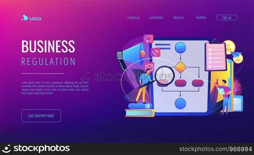 Businessmen with magnifier looking at business process flow chart. Business rules and regulation, main company policy, IT business analysis concept. Website vibrant violet landing web page template.. Business rule concept landing page.