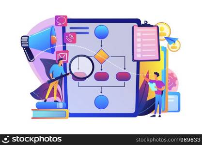 Businessmen with magnifier looking at business process flow chart. Business rules and regulation, main company policy, IT business analysis concept. Bright vibrant violet vector isolated illustration. Business rule concept vector illustration.