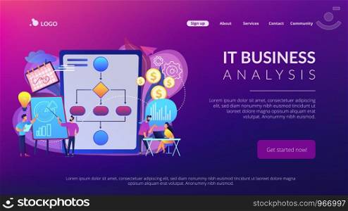Businessmen work with improvement diagrams and charts. Business process management, business process visualization, IT business analysis concept. Website vibrant violet landing web page template.. Business process management concept landing page.