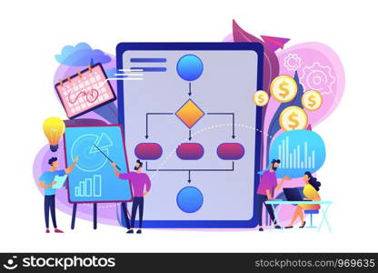 Businessmen work with improvement diagrams and charts. Business process management, business process visualization, IT business analysis concept. Bright vibrant violet vector isolated illustration. Business process management concept vector illustration.
