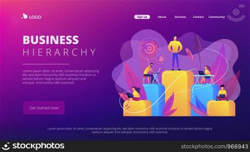 Businessmen work with laptops on graph columns. Business hierarchy, hierarchical organization, levels of hierarchy concept on white background. Website vibrant violet landing web page template.. Business hierarchy concept landing page.