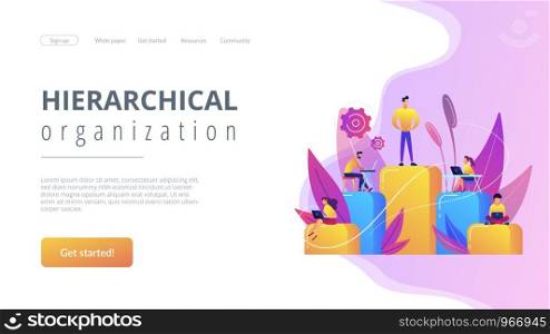 Businessmen work with laptops on graph columns. Business hierarchy, hierarchical organization, levels of hierarchy concept on white background. Website vibrant violet landing web page template.. Business hierarchy concept landing page.