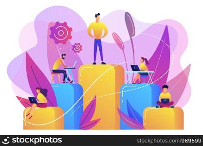 Businessmen work with laptops on graph columns. Business hierarchy, hierarchical organization, levels of hierarchy concept on white background. Bright vibrant violet vector isolated illustration. Business hierarchy concept vector illustration.