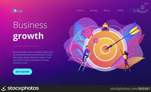 Businessmen working and woman at big target with arrow. Goals and objectives, business grow and plan, goal setting concept on white background. Website vibrant violet landing web page template.. Goals and objectives concept landing page.