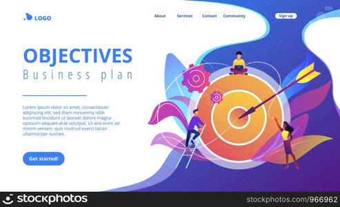 Businessmen working and woman at big target with arrow. Goals and objectives, business grow and plan, goal setting concept on white background. Website vibrant violet landing web page template.. Goals and objectives concept landing page.