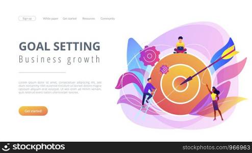 Businessmen working and woman at big target with arrow. Goals and objectives, business grow and plan, goal setting concept on white background. Website vibrant violet landing web page template.. Goals and objectives concept landing page.