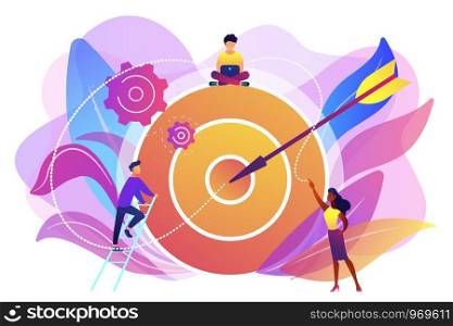 Businessmen working and woman at big target with arrow. Goals and objectives, business grow and plan, goal setting concept on white background. Bright vibrant violet vector isolated illustration. Goals and objectives concept vector illustration.