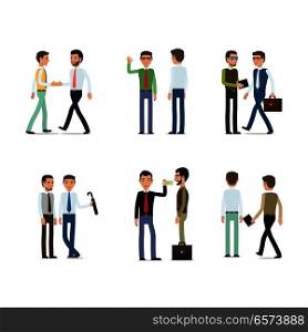 Businessmen working concept vector collection on white. Vector illustration of male characters people shaking hands, passing money, going with bag, holding dark umbrella, pointing on jotter.. Businessmen Working Concept Collection on White