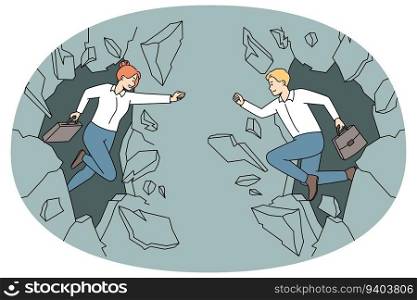 Businesspeople break wall strive for business success or career achievement. Motivated employees overcome challenges reaching goals. Vector illustration.. Businesspeople break walls striving for success