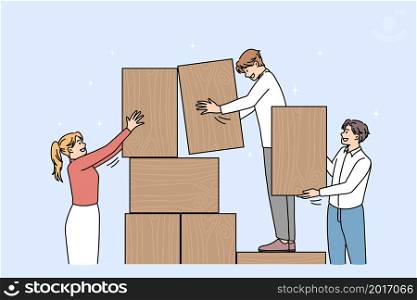 Businesspeople build tower with wooden blocks engaged in teambuilding activity together. Diverse employees involved in work, motivated for success. Business risk, teamwork. Vector illustration. . Businesspeople build wooden tower involved in teamwork