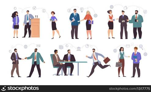Businesspeople Characters in Office Work Situations Isolated, Trendy Flat Vector Concepts Set. Company Employees, Business Partners Teams Meeting, Communicating and Working in Office Illustrations
