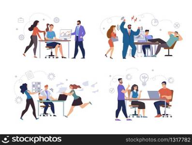 Businesspeople Characters in Office Work Situations Isolated, Trendy Flat Vector Set. Bad Financial Report, Boss Screaming on Lazy Worker, Project Deadline Failure, Brainstorming Meeting Illustrations