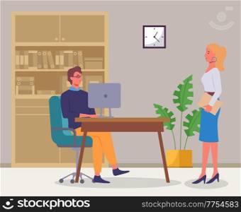 Businesspeople colleagues man and woman are communicating in office. Business characters are discussing a new project sitting at a desk with computer. Office workers talking, employee workplace. Businesspeople colleagues man and woman are communicating in office. Business characters are talking
