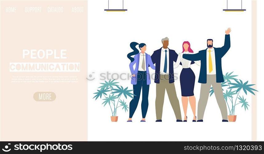 Businesspeople Communication, Business Teamwork Flat Vector Web Banner, Landing Page Template with Company Employees Team, Office Colleagues Standing Together and Hugging in Office Illustration