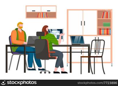 Businesspeople discuss a project. Business meeting, working process in office workspace with computer. A man and a woman sitting at a table, communicating programmers develop new program code. Businesspeople discuss a project. Business meeting, working process in office room with computer