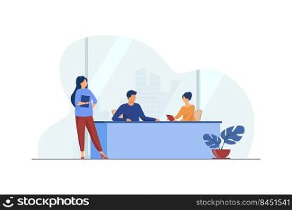 Businesspeople discussing project in office. Job, meeting, assistant flat vector illustration. Business and management concept for banner, website design or landing web page