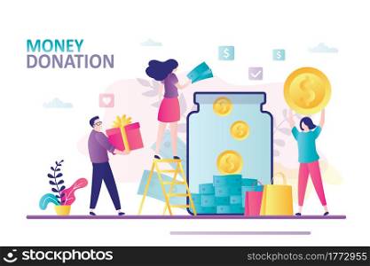 Businesspeople donations money for new project. Banner with people putting coins to glass bank. Charity or crowdfunding. Teamwork, investment concept. Launch new startup. Flat vector illustration. Businesspeople donations money for new project. Banner with people putting coins to glass bank. Charity or crowdfunding.