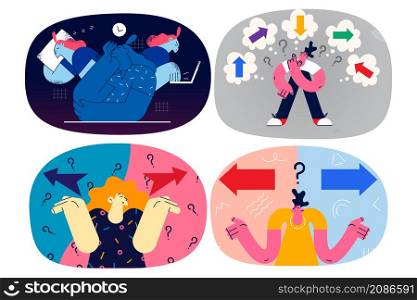 Businesspeople feel doubtful with diverse direction arrows brainstorming making decision. Business person have dilemma develop plan or idea, think of problem solution. Flat vector illustration. Set.. Set of businesspeople feel doubtful solving business problem
