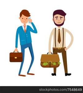 Businesspeople going to make a bargain. Boss speaking on phone, client with big bag full of money. Intention to achieve agreement, vector business characters. Businesspeople Going to Make Bargain Bosses Vector