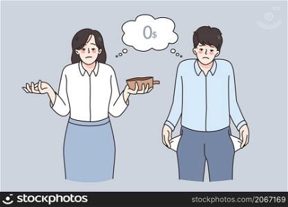 Businesspeople have no money cash in wallet and pockets. Man and woman suffer from bankruptcy or life in debt. Financial problem concept. Finance instability. Flat vector illustration. . Businesspeople have no money in wallet or account