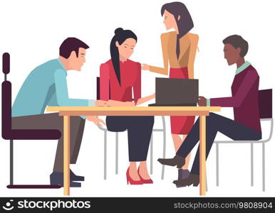 Businesspeople have project strategy planning meeting. Teamwork with business plan, creating new creative project. Meeting to discuss starting business. Colleagues discussing work in entrepreneurship. Meeting to discuss starting project, business plan. Colleagues discussing work in entrepreneurship