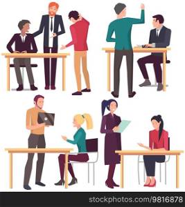 Businesspeople have project strategy planning meeting. Teamwork with business plan, creating new creative project. Meeting to discuss starting business. Colleagues discussing work in entrepreneurship. Meeting to discuss starting project, business plan. Colleagues discussing work in entrepreneurship