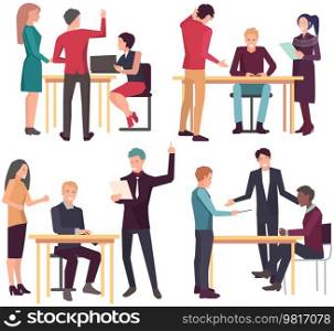 Businesspeople have project strategy planning meeting. Teamwork with business plan, creating new creative project. Meeting to discuss starting business. Colleagues discussing work in entrepreneurship. Meeting to discuss starting project, business plan. Colleagues discussing work in entrepreneurship