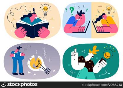Businesspeople have ups and down generating new business ideas at workplace. Employee or worker brainstorm work on computer for innovation project or plan. Flat vector illustration. Set.. Set of businesspeople generate new business ideas