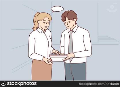 Businesspeople hold document discuss business ideas in office. Colleagues or coworkers talk brainstorm about paper work. Teamwork. Vector illustration. . Businesspeople brainstorm discuss document 