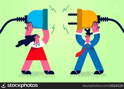 Businesspeople hold plugs in hands connect power socket work cooperate together. Man and woman employees involved in teamwork for shared business success or result. Vector illustration. . Businesspeople connect plugs for shared business goal