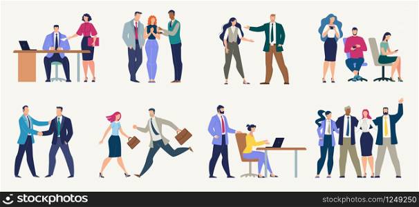Businesspeople in Different Work Situations Flat Vector Set Isolated on White Background. Secretary Giving Document to Boss, Colleagues Messaging by Phone, Hurrying Employee, Hugging Team Illustration
