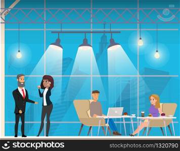 Businesspeople in Modern Coworking Open Space. Shared Creative Workplace. University Campus. Freelance Character Talking and Working at Computer in Open Space. Flat Cartoon Vector Illustration. Businesspeople in Modern Coworking Open Space