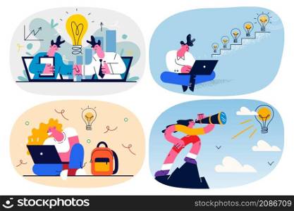 Businesspeople look for new opportunities discover generate business ideas for goal accomplishment. Employee or worker brainstorm develop project make deal. Flat vector illustration. Set.. Set of business worker discover potential successful ideas and deals
