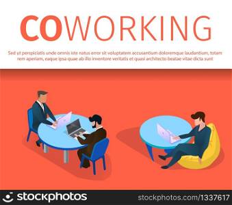 Businesspeople Male Characters in Elegant Formal Dressing Communicating and Working on Laptops in Coworking Area, Teamwork. 3D Isometric Cartoon Vector Illustration, Horizontal Banner with Copy Space.. Coworking Area Horizontal Banner with Copy Space.
