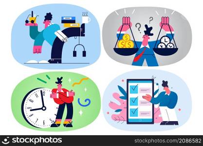 Businesspeople multitask manage meet timing deadline at workplace. Employees or workers engaged in time management or organization. Job task and planning. Vector illustration, cartoon character. Set.. Set of businesspeople multitask manage to meet deadline