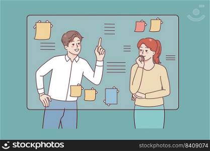 Businesspeople near board in office engaged in brainstorming think over project together. Man and woman consider business plan or project. Teamwork. Vector illustration. . Businesspeople brainstorm near board