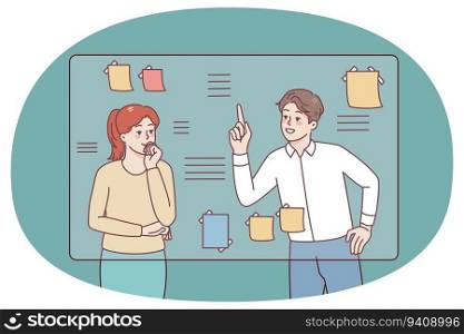 Businesspeople near board in office engaged in brainstorming think over project together. Man and woman consider business plan or project. Teamwork. Vector illustration.. Businesspeople brainstorm near board